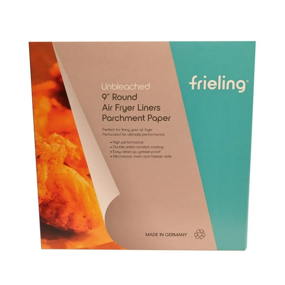 Frieling Unbleached Parchment Paper, Reusable Double-Sided Non-Stick Silicone Coating, Air Fryer Liner Sheets with Holes, 50 Pieces, 9" Round, for Baking, Air Frying, Steaming, Packaging 