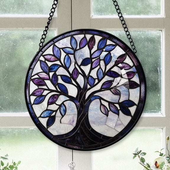 Friend Christmas Gift - Blue Purple Tree of Life Plant Xmas Stained Glass Hanging Ornament - Clean Holiday Tree Decoration, Great Christmas Gift for Family & Friends