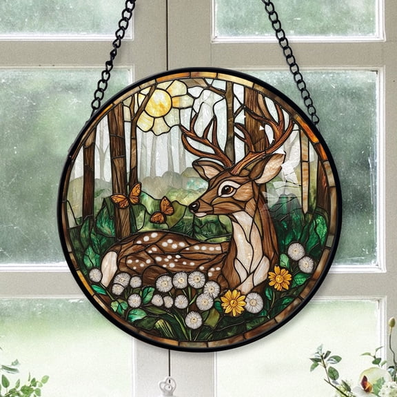 Friend Christmas Gift - Deer A Flower Crown Xmas Stained Glass Hanging Ornament - Clean Holiday Tree Decoration, Great Christmas Gift for Family & Friends