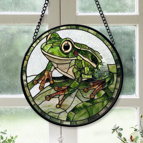 Friend Christmas Gift - Frog Green Leaf Cool Christmas Stained Glass Hanging Ornament - Golden Accent Holiday Tree Decor, Gift for Friends & Family, 2025 Edition