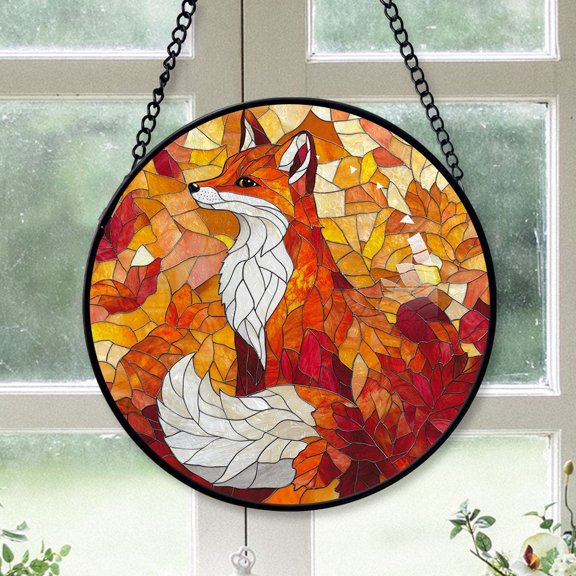 Friend Christmas Gift - Orange Cute Foxs Animal Christmas Stained Glass Sun Catcher - Bright Holiday Tree Decoration & Secret Santa Gift for Family & Friends