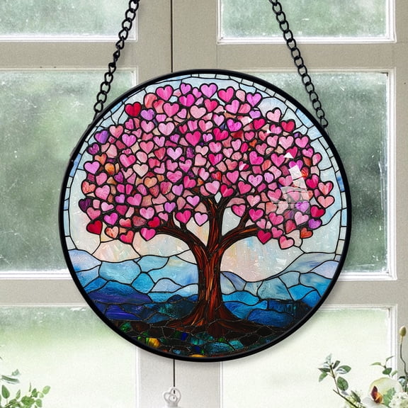 Friend Christmas Gift - Pink Love Tree of Life Christmas Stained Glass Hanging Ornament - Bright Holiday Tree Decoration & Secret Santa Gift for Family & Friends