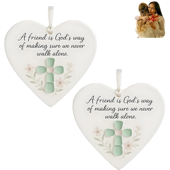 A Friend is God's Way Religious Ornament, 2pc Handcrafted Ocean-Inspired Pendant, Heart Shaped Cross Friendship ,Heart Acrylic Hanging Decorations, Birthday Christian Gifts for Best Friend Women
