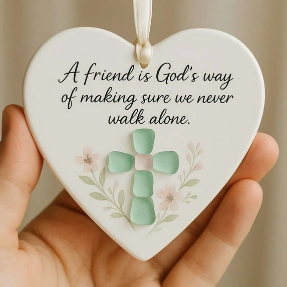 A Friend is God's Way Religious Ornament, Handcrafted Ocean-Inspired Pendant, Heart Shaped Cross Friendship ,Heart Acrylic Hanging Decorations, Birthday Christian Gifts for Best Friend Women