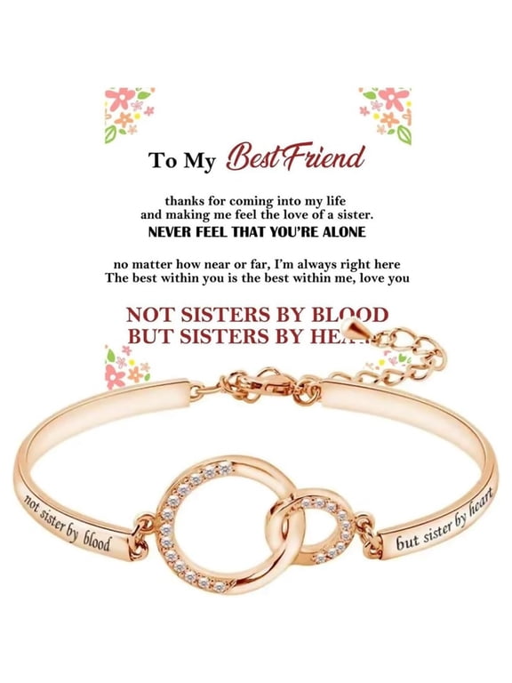 For Friend - Not Sisters by Blood But Sisters by Heart Bracelet for Soul Sister, Personalized Interlocking Circle Bracelet for Unbiological Sister, Adjustable Gold Friendship Jewelry Gift for Women