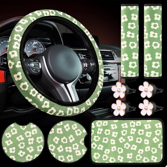 Frienda 10 Pcs Vintage Groovy Car Accessories Set - Floral Steering Wheel Cover, Air Vent Clips, Center Console Armrest Cushion, Car Cup Mats, Seat Belt Covers (Green, White)