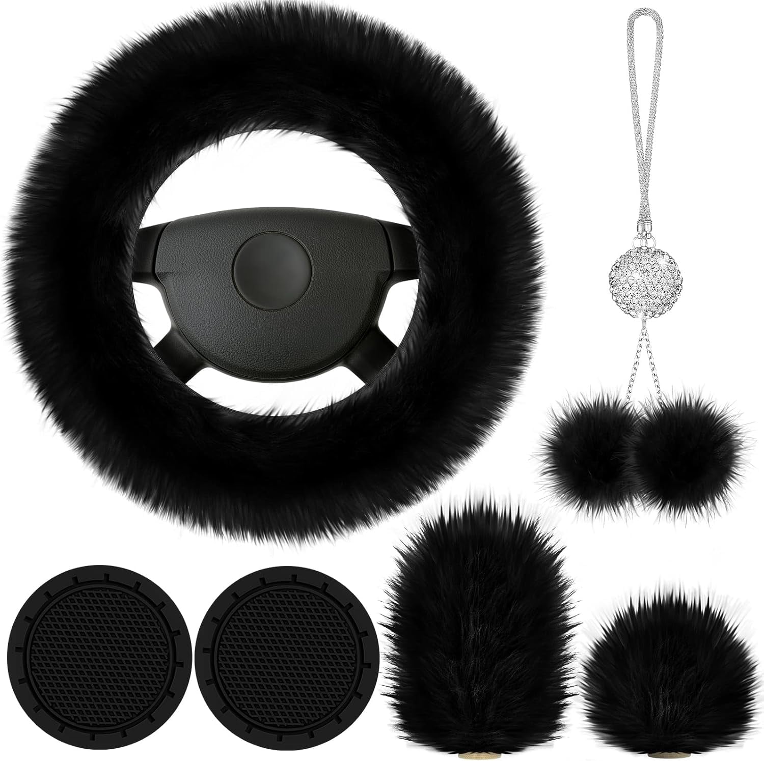 Frienda 6 Pieces Fluffy Car Accessories Set Fluffy Steering Wheel Cover Soft Fuzz Handbrake Gear Shift Cover Bling Mirror Fuzz Bling Car Pad Decoration