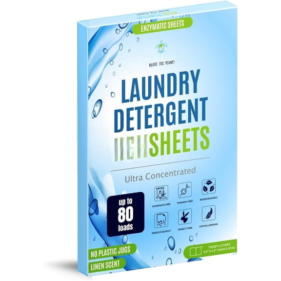 -Friendly 80 Loads Ultra Concentrated Laundry Detergent Sheets Stain-Fighting Enzymes & , Washer Sheets, Space Saving, Travel Friendly for Hot/Cold Cycles, Tackles Tough Stains & Odors