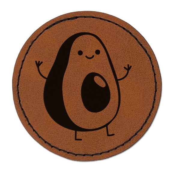 Friendly Avocado Buddy 2.5" Faux Leather Round Engraved Iron-On Patch - Brown