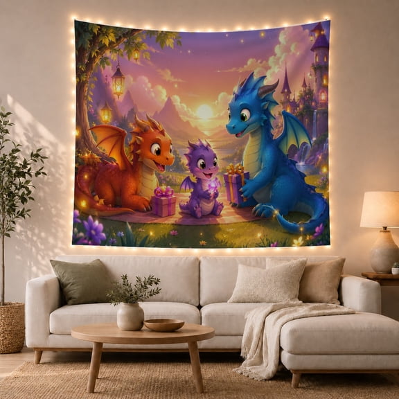 Friendly Cartoon Dragons at a Sunset Castle, Cheerful Fantasy Style for Dragon Lovers, Fairy Tale Wall Art, Birthday Gift, Tapestry Wall Hanging for Bedroom and Playroom