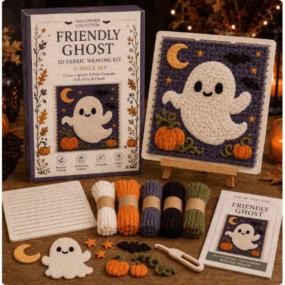Friendly Ghost Halloween Fabric Weaving Kit, No Sew Handmade Halloween Decoration Kit, Festive Pumpkin Ghost Witch Themed Craft Set for Seasonal Home Decor
