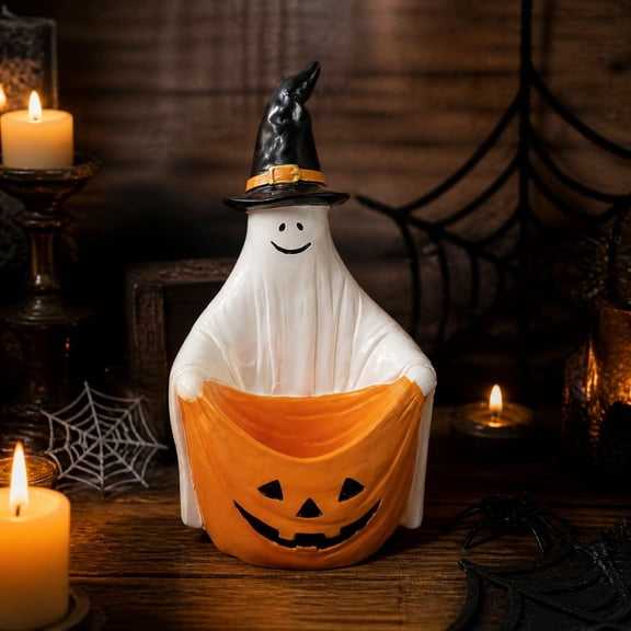 Friendly Ghost Holding Pumpkin Candy Bowl Ghost Decor, Versatile Tabletop Ornament Halloween Gift for Parties, Cute Halloween Decorations for Home Mantel