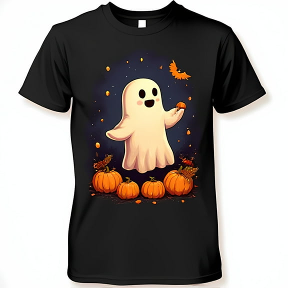 Friendly Ghost Holding Pumpkin Graphic Tee Halloween & Fall Black T-Shirt