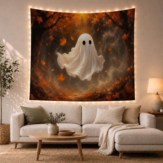 Friendly Ghost in Autumn Forest, Mysterious Gothic for Fantasy Fans, Spooky Forest Art, Halloween Gift, Tapestry Wall Hanging for Bedroom and Dorm