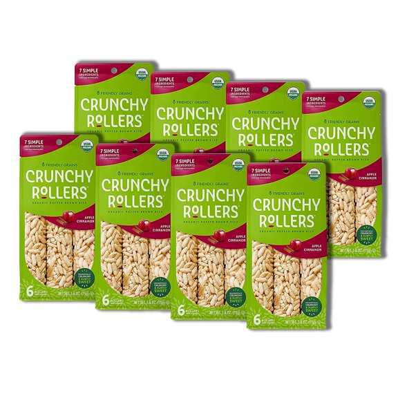 Friendly Grains Crunchy Rice Rollers Apple Cinnamon - Delicious Crispy Puffed Gluten-Free Brown Rice Cakes Healthy Snacks for Adults and Kids (8 Packs of 6)
