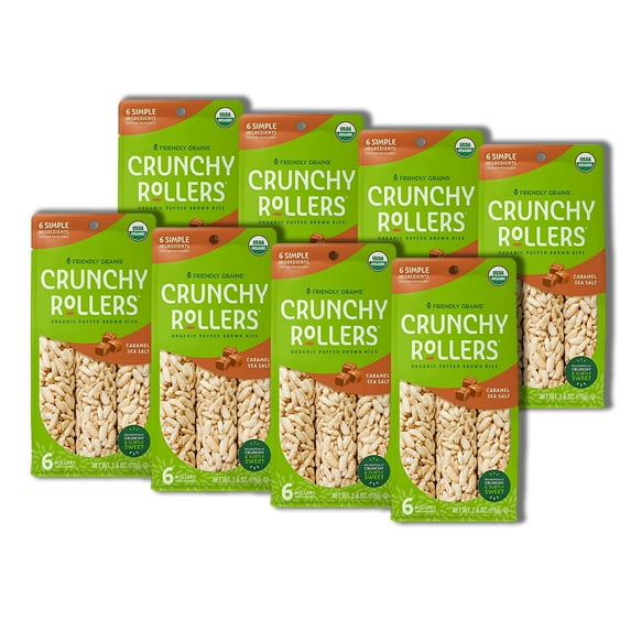 Friendly Grains Crunchy Rice Rollers – Caramel Sea Salt - Delicious Crispy Puffed Gluten-Free Brown Rice Cakes – Healthy Snacks for Adults and Kids (8 Packs of 6)