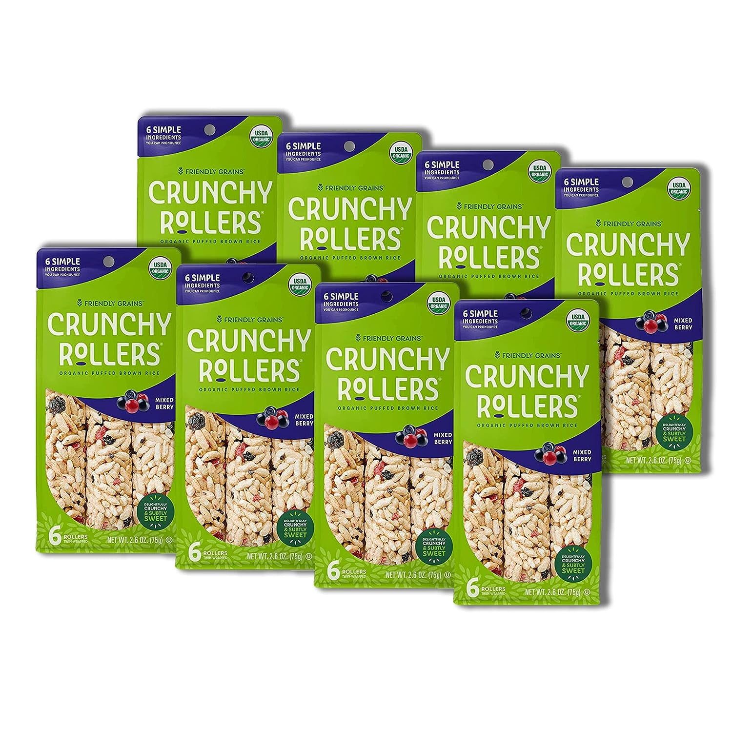 Friendly Grains Crunchy Rice Rollers – Mixed Berry - Delicious Crispy Puffed Gluten-Free Brown Rice Cakes – Healthy Snacks for Adults and Kids – Tasty, Nutritious Alternative to Chips (8 Packs of 6)