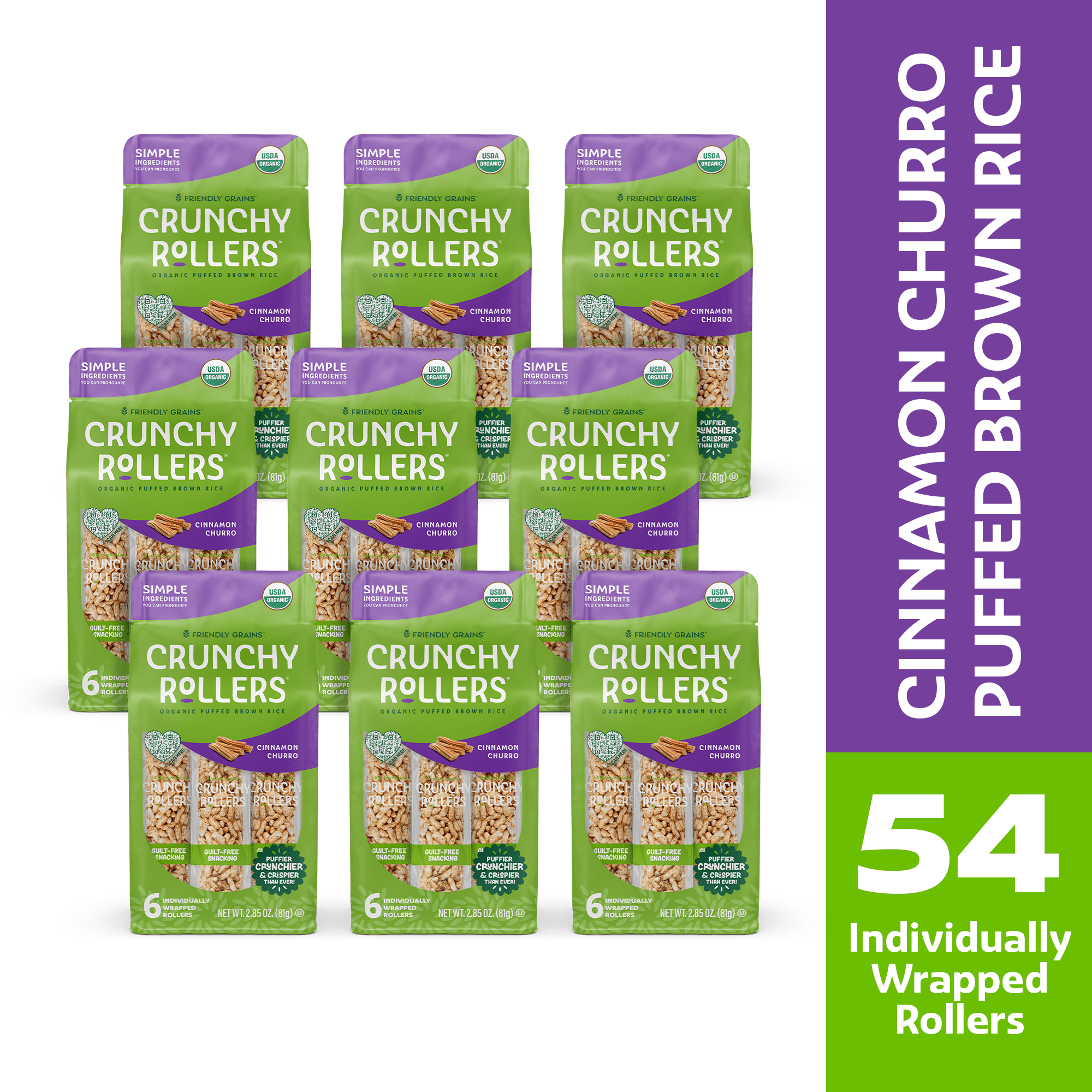 Friendly Grains Crunchy Rollers Cinnamon Churro Gluten-Free Shelf-Stable Crunchy 9 Pack 2.85 oz