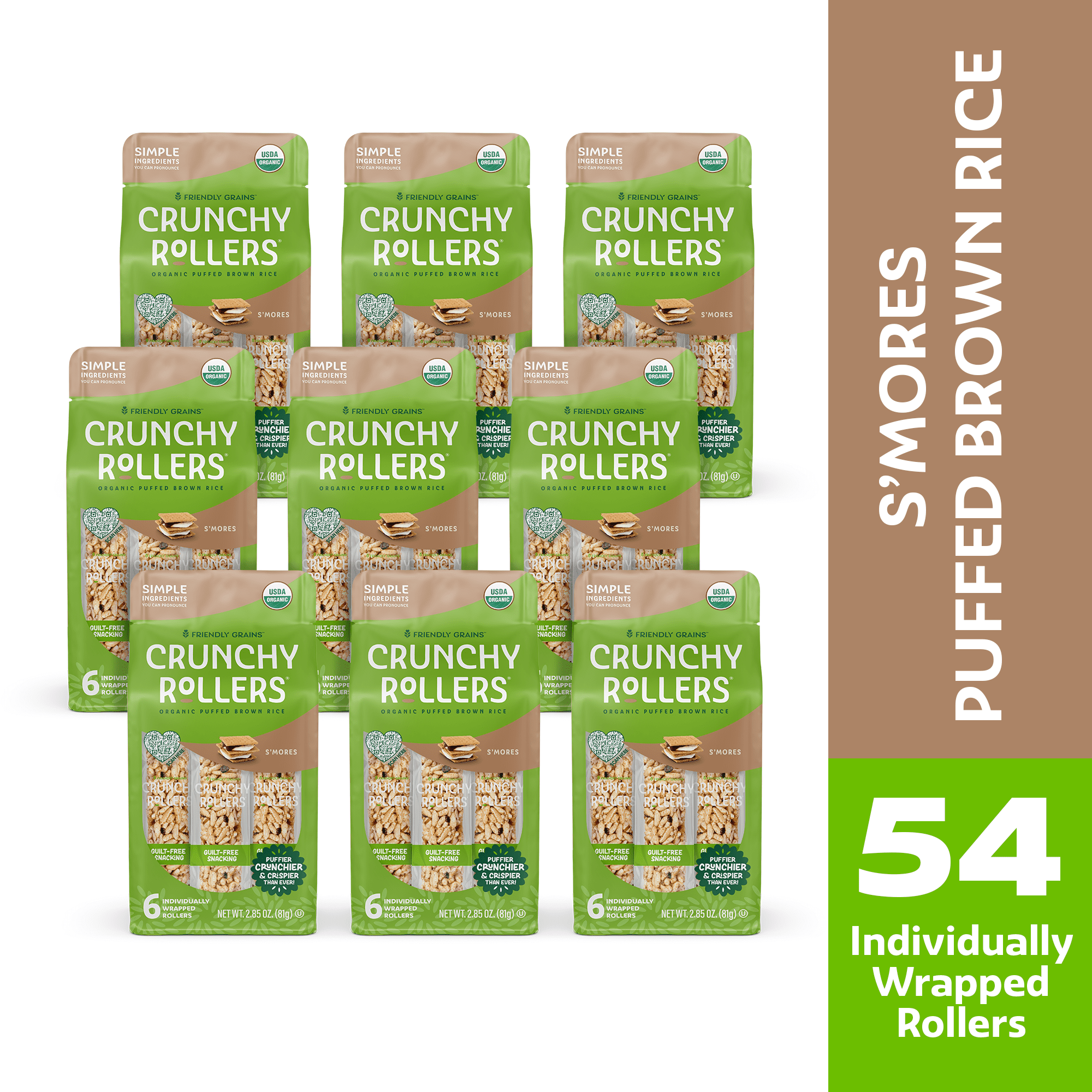 Friendly Grains Crunchy Rollers S'mores Gluten-Free Toasted Puffs, 9 Packs of 6, 2.85 oz