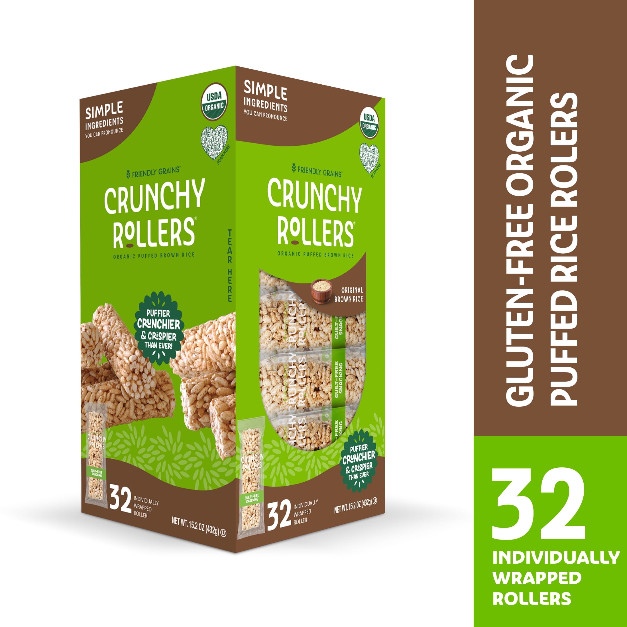 Friendly Grains Organic Crunchy Rollers Original Brown Rice, 32 Count