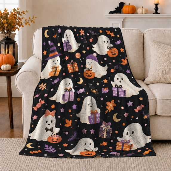 Friendly Halloween Ghosts Jack-O'-Lantern Motifs Playful, Festive Halloween Scene, Warm Flannel Blanket for Living Room and Family Room, Art Lovers Halloween Gift, Festive Home Decor