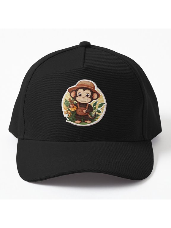 Friendly Monkey Farmer Baseball Hat, Cute Rural Animal Character Graphic Design, Classic Cap