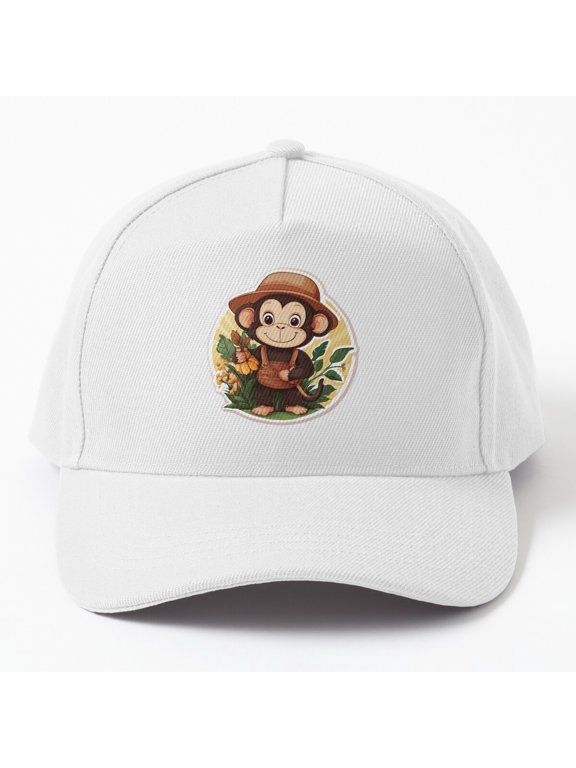 Friendly Monkey Farmer Baseball Hat, Cute Rural Animal Character Graphic Design, Classic Cap