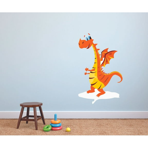 Friendly Orange Dragon Cartoon Animal Character Wall Art Decal Vinyl Sticker Girls Boys Room Bedroom Nursery Kindergarten House Fun Home Decor Stickers Wall Removable Vinyl Mural Decoration 20x12 inch