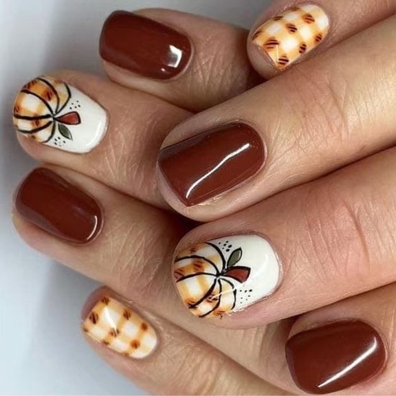 Friendly Press On Brown Pumpkin Theme Short Square Tips Reusable For Holiday