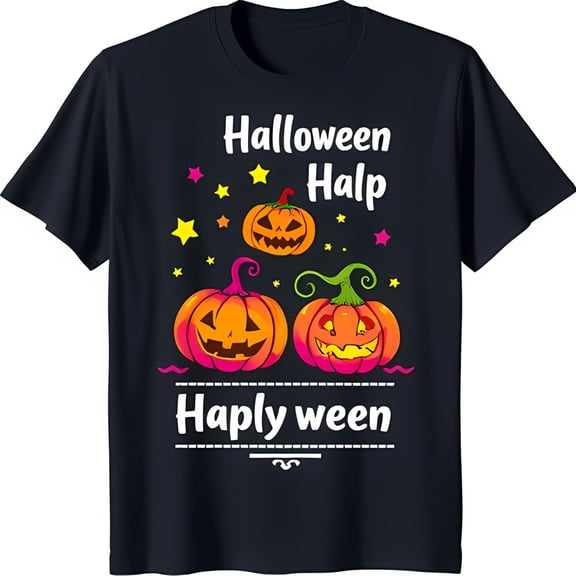 Friendly Pumpkin Halloween T-Shirt with 'Halloween Halp' & Stars Black Tee