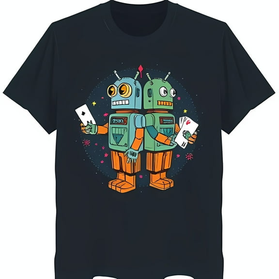 Friendly Robots Playing Cards Graphic T-Shirt Dark Blue with Starry Background & Heart Design