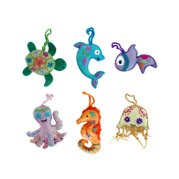 Friendly Sea Creature Ornament Set - Embroidered Wool Christmas Decor, Fair Trade Handmade in Peru