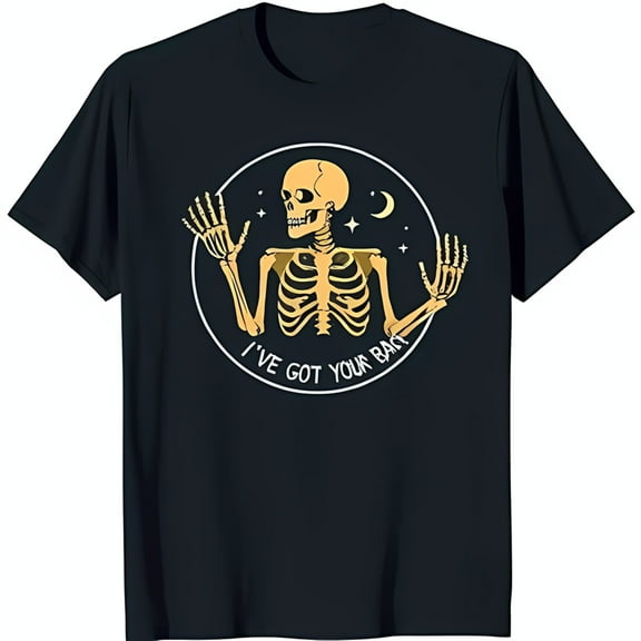 Friendly Skeleton Graphic T-Shirt 'I've Got Your Back' with Night Sky Design