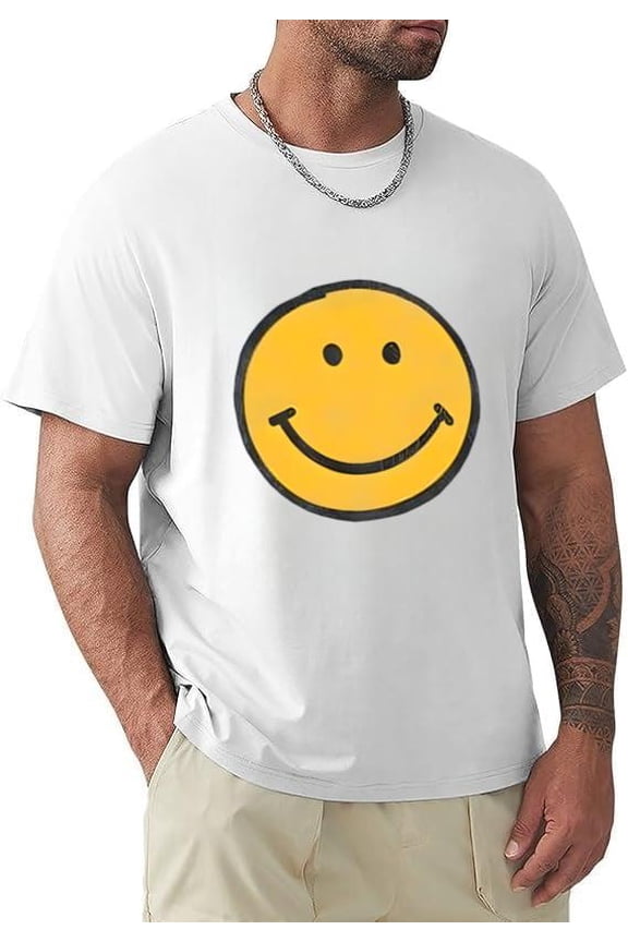 Friendly Smiley Cartoon Happy Face Positive Vibes Graphic T-shirt, for men & women, up to size 5XL.