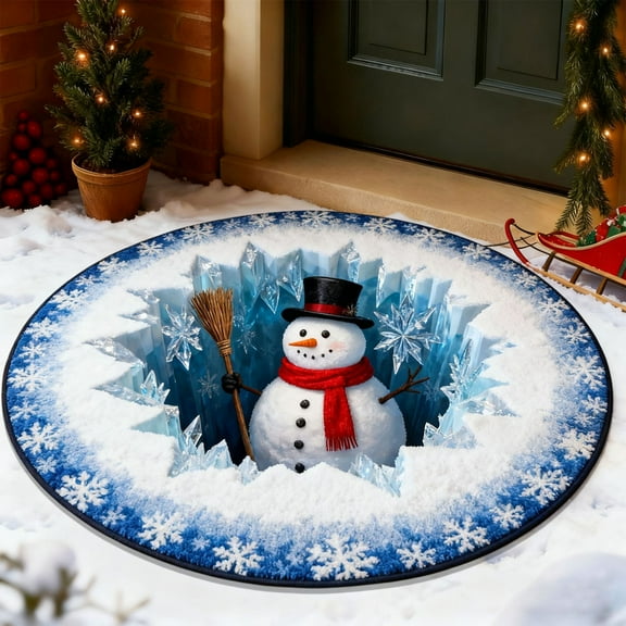 Friendly Snowman with Broom & Top Hat Doormat, Winter Snowflake Border Non-Slip Mat for Christmas Front Door Decor, Indoor Outdoor Welcome Mat B