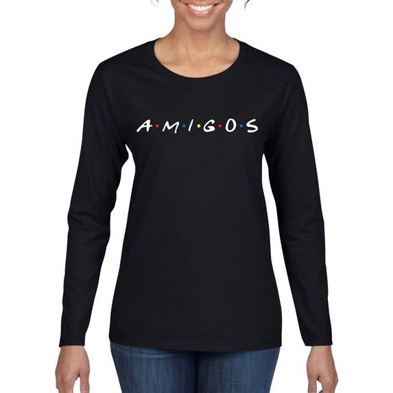 Friends Amigos Parody Pop Womens Graphic Long Sleeve T-Shirt, Black, X-Large