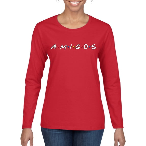 Friends Amigos Parody Pop Womens Graphic Long Sleeve T-Shirt, Red, Medium