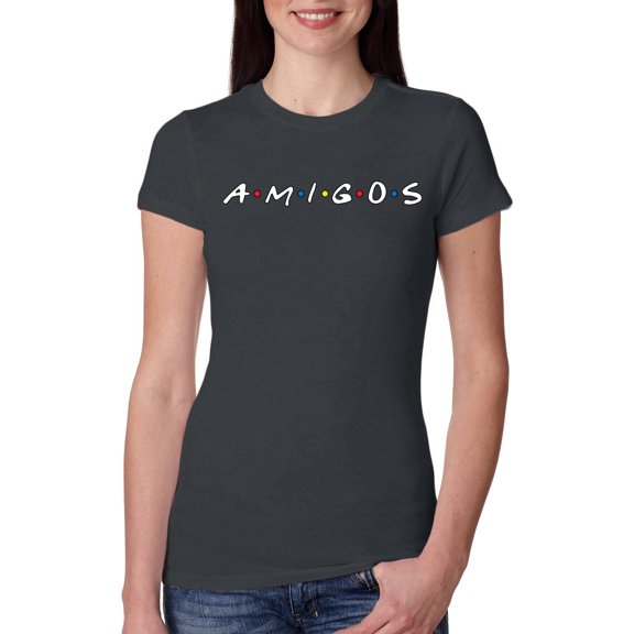 Friends Amigos Parody Pop Womens Slim Fit Junior Tee, Dark Grey, Large