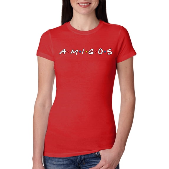 Friends Amigos Parody Pop Womens Slim Fit Junior Tee, Red, Large