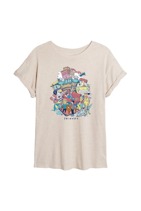 - Animated Icon Collage - Juniors Oversized Graphic T-Shirt