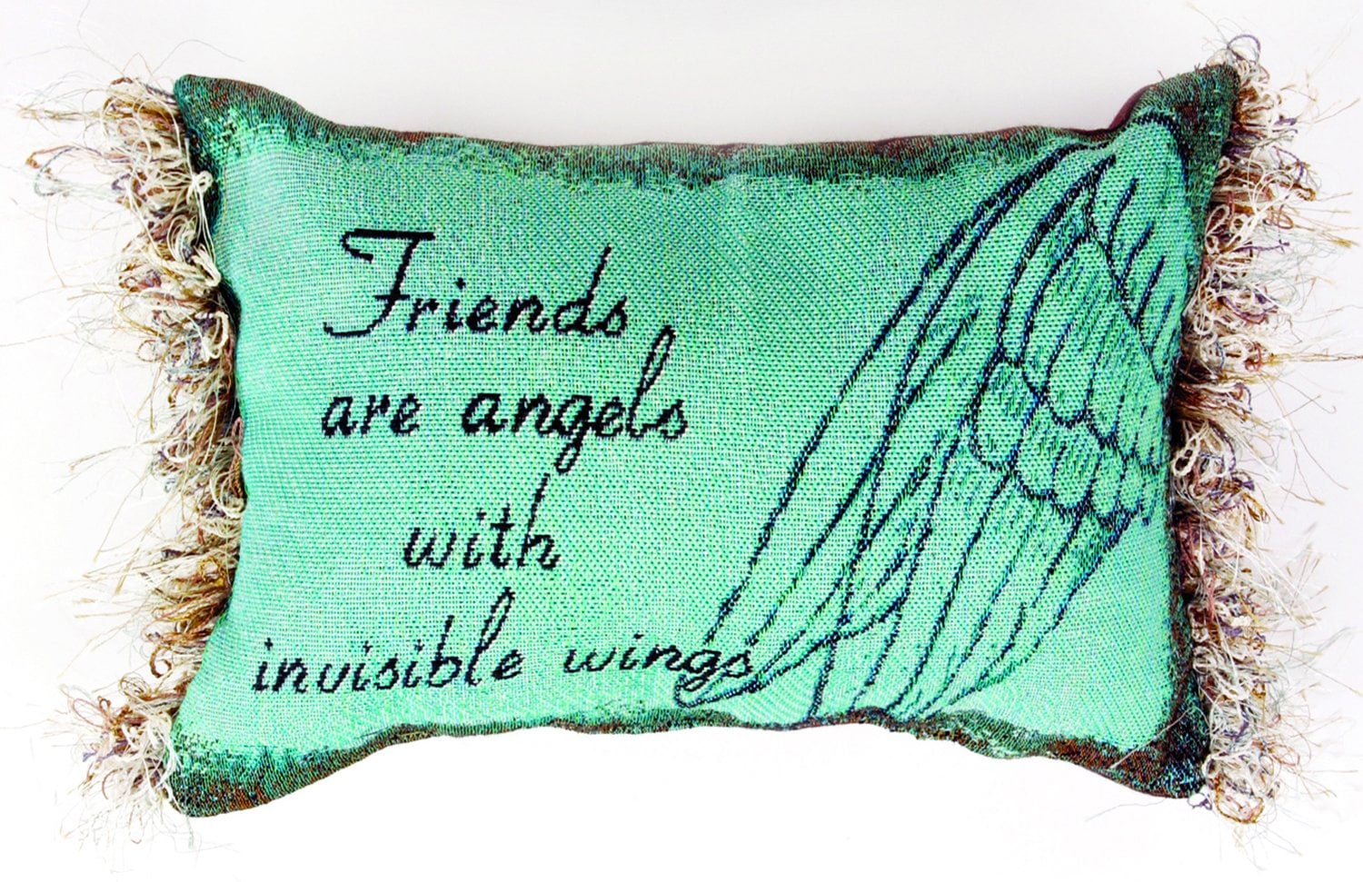 Green Embroidered Cotton Pillow with Fringe, Friends are Angels