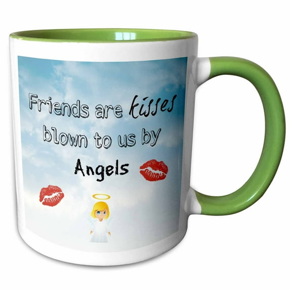 3drose, Friends Are Kisses Blown by Angels, Black Letters on Cloud Picture, 15oz Two-tone Green Mug
