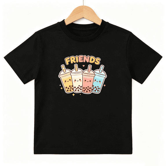 Friends Boba Milk Tea Girls Graphic Tee, Cute Sweet Rainbow 100% Cotton Kids Short Sleeve T-Shirt 4-13Y