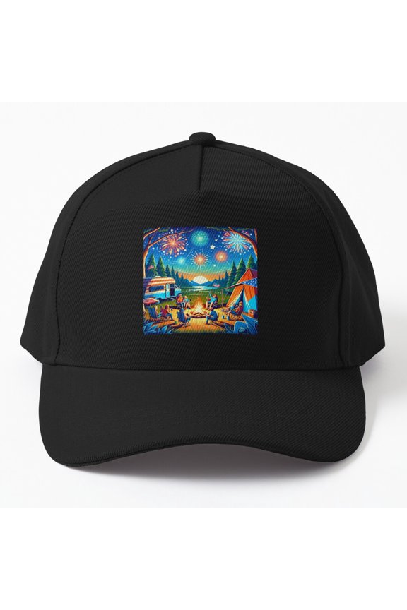 Friends Camping July Fourth Baseball Cap, Fireworks Outdoor Celebration Graphic Design, Classic Hat