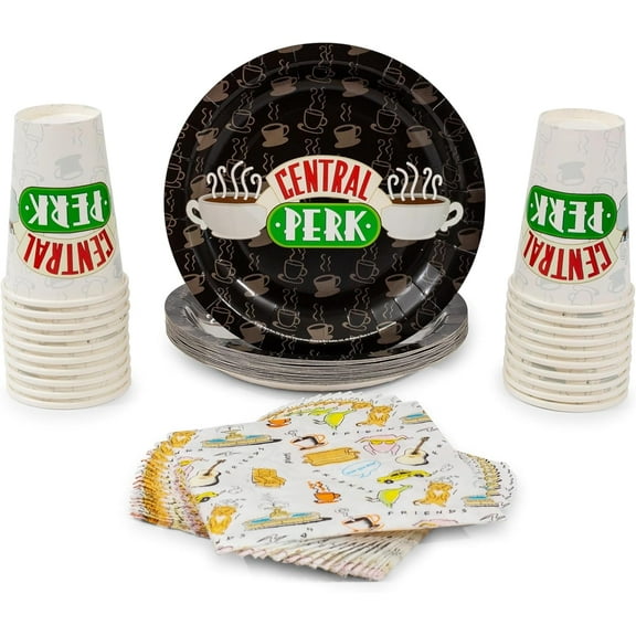 Silver Buffalo Friends Central Perk Iconic Icons and Quotes Pivot 60 Pack Partyware Disposable Paper Plates, Napkins, and Cups