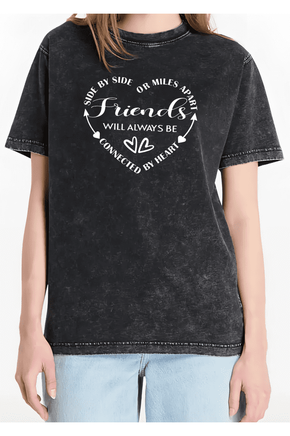 Friends Connected By Heart Washed Black Print Tshirt Graphic Tees Shirts BFF Virtual Movie Night Casual Wear S-2XL Social Leisure Tops