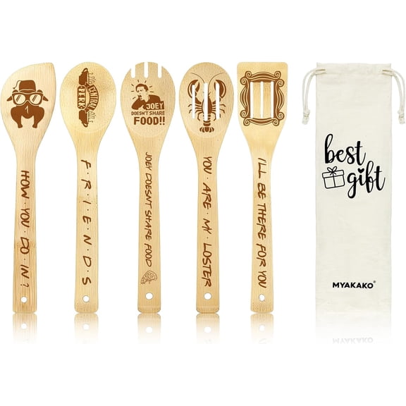 Friends Cooking Spoons Set with Cute Canvas Bag, 5Pcs Bamboo Non-Stick Cooking Utensils, TV Show Themed Kitchenware Gift for Fans, Unique Christmas Birthday Housewarming Present for Friend or Mom