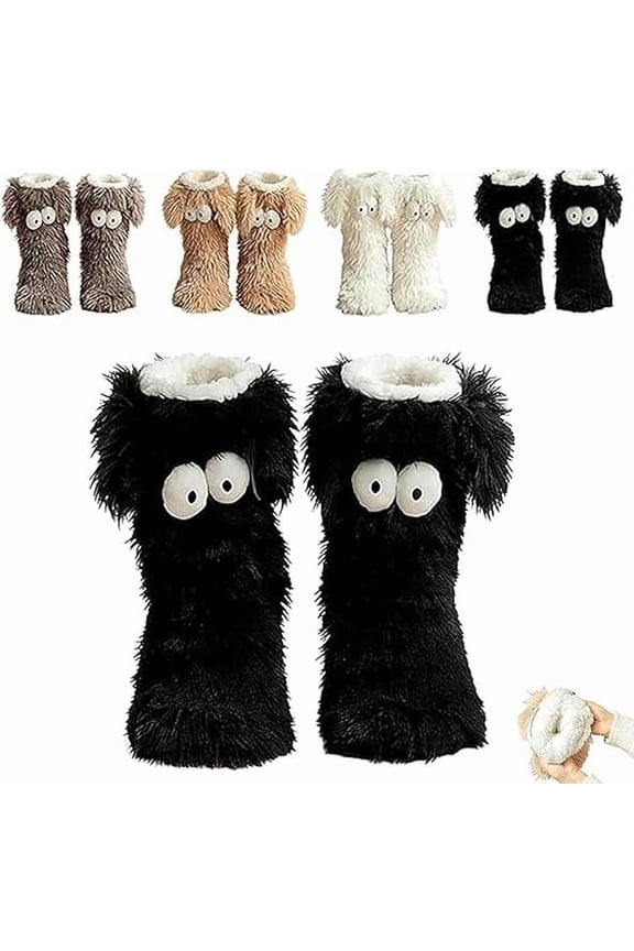 Friends Cozy Socks, Women's Winter Warm Fuzzy Sock Non-slip Slipper Socks with Cute Big Eyes, Funny Home Floor Sock- Black