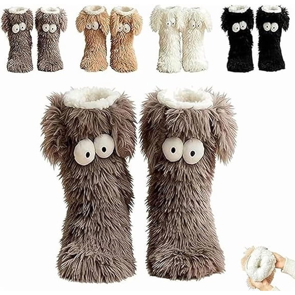 Friends Cozy Socks, Women's Winter Warm Fuzzy Sock Non-slip Slipper Socks with Cute Big Eyes, Funny Home Floor Sock-Grey