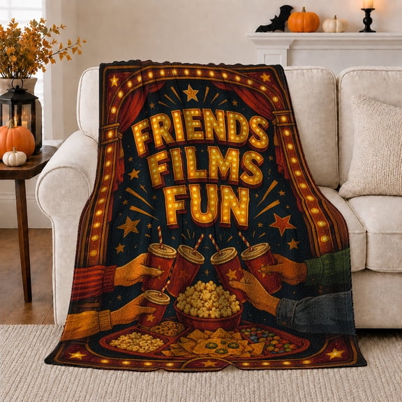 Friends Films Fun Movie Theater Marquee, Festive Holiday Scene, Warm Flannel Blanket for Living Room and Reading Nook, Art Lovers Christmas Gift, Festive Home Decor